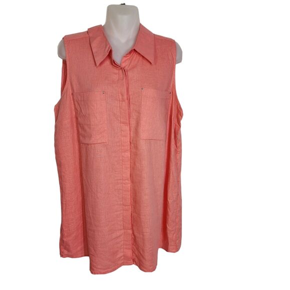 Dana Buchman Womens Tunic Top Large Salmon Button Sleeveless Linen Blend Pockets - Picture 1 of 9
